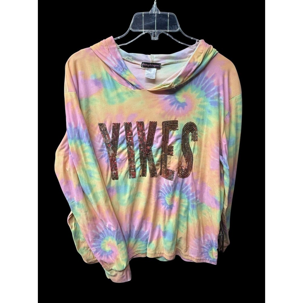 Grumpy & Gorgeous Tie Dye YIKES Sequin Hoodie Women’s Pastel Spiral Ultra Soft